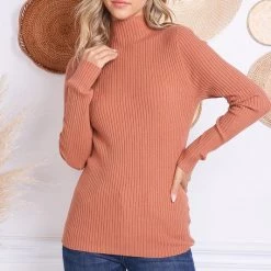 Charlotte Avery TOPS Rust Colored Cashmere Blend Fittted Ribbed Turtleneck
