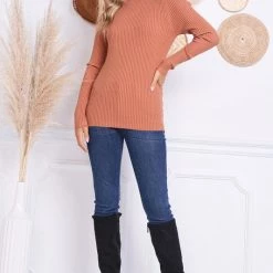 Charlotte Avery TOPS Rust Colored Cashmere Blend Fittted Ribbed Turtleneck