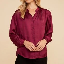 Lush Red Satin Flowy Cuffed Sleeve Button Down Top