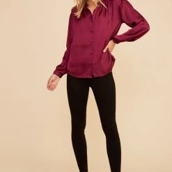 Lush Red Satin Flowy Cuffed Sleeve Button Down Top