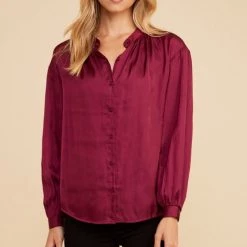 Lush Red Satin Flowy Cuffed Sleeve Button Down Top