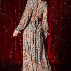 AaKaa Tan Multi Colored Ruffle Tiered Cutout Maxi Dress NEW ARRIVALS