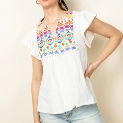 THML White And Embroidered Flutter Sleeve Top