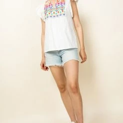 THML White And Embroidered Flutter Sleeve Top