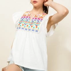 THML White And Embroidered Flutter Sleeve Top