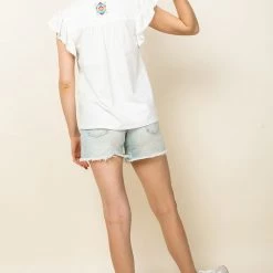 THML White And Embroidered Flutter Sleeve Top