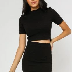 Olivaceous Black Colored Mock Neck Cropped Top