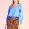 Tyche Clean Blue Textured Solid V-Neck Dolman Top