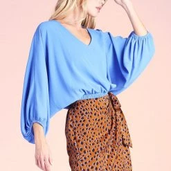 Tyche Clean Blue Textured Solid V-Neck Dolman Top