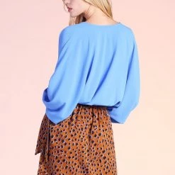 Tyche Clean Blue Textured Solid V-Neck Dolman Top