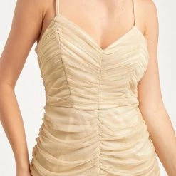 Minuet NEW ARRIVALS Beige Ruched Spaghetti Strap Dress