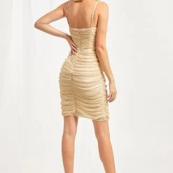 Minuet NEW ARRIVALS Beige Ruched Spaghetti Strap Dress