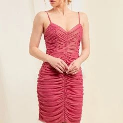 Minuet Berry Colored Ruched Spaghetti Strap Dress