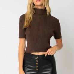 Olivaceous SWEATERS Brown Turtleneck Short Sleeve Sweater