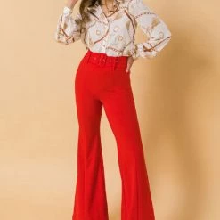 Flying Tomato NEW ARRIVALS Solid Red Woven Flared Pants