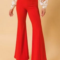 Flying Tomato NEW ARRIVALS Solid Red Woven Flared Pants