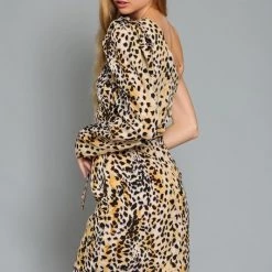 AaKaa NEW ARRIVALS Leopard Print One Shoulder Bodycon Mini Drees