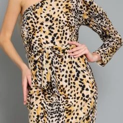 AaKaa NEW ARRIVALS Leopard Print One Shoulder Bodycon Mini Drees