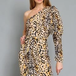 AaKaa NEW ARRIVALS Leopard Print One Shoulder Bodycon Mini Drees