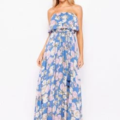 Bighit Fashion NEW ARRIVALS Blue Floral Printed Layered Tube Maxi Dress