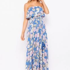 Bighit Fashion NEW ARRIVALS Blue Floral Printed Layered Tube Maxi Dress