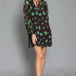 AaKaa CLEARANCE Brown And Green Long Sleeve Tie Front Mini Dress