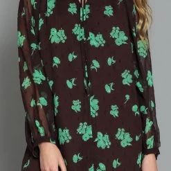 AaKaa CLEARANCE Brown And Green Long Sleeve Tie Front Mini Dress