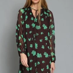 AaKaa CLEARANCE Brown And Green Long Sleeve Tie Front Mini Dress
