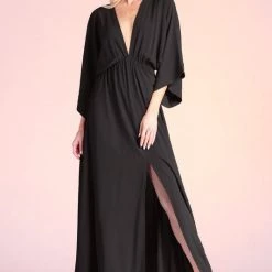 The Wearhouse Store 17 Tyche Black Colored Textured Solid Kimono Maxi Dress