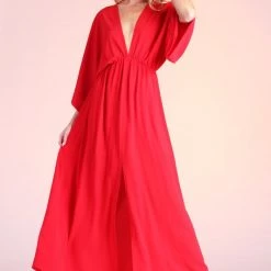 The Wearhouse Store 24 Tyche DRESSES Red Colored Textured Solid Kimono Maxi Dress