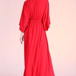 Tyche DRESSES Red Colored Textured Solid Kimono Maxi Dress