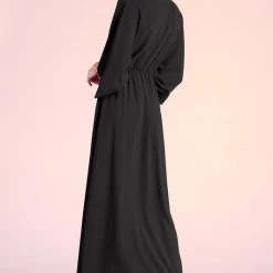 Tyche Black Colored Textured Solid Kimono Maxi Dress