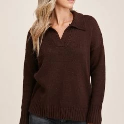 Staccato Chocolate Split Neck Pullover Sweater