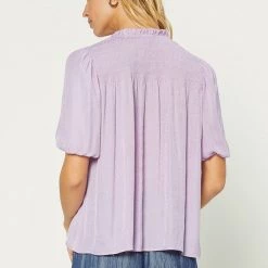 Current Air Lavender Ruffled Split Neck Short Sleeve Blouse