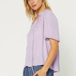 Current Air Lavender Ruffled Split Neck Short Sleeve Blouse