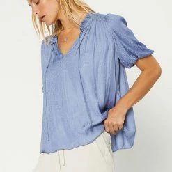 Current Air Dusty Blue Ruffled Split Neck Short Sleeve Blouse