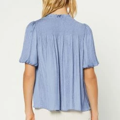 Current Air Dusty Blue Ruffled Split Neck Short Sleeve Blouse