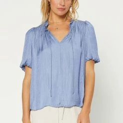 Current Air Dusty Blue Ruffled Split Neck Short Sleeve Blouse
