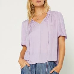 Current Air Lavender Ruffled Split Neck Short Sleeve Blouse