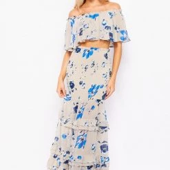 Bighit Fashion NEW ARRIVALS Taupe And Blue Floral Two Piece Crop Top And Maxi Skirt