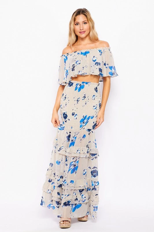 Bighit Fashion NEW ARRIVALS Taupe And Blue Floral Two Piece Crop Top And Maxi Skirt 1 Bighit Fashion NEW ARRIVALS Taupe And Blue Floral Two Piece Crop Top And Maxi Skirt