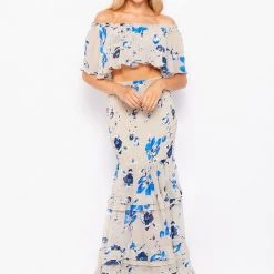 Bighit Fashion NEW ARRIVALS Taupe And Blue Floral Two Piece Crop Top And Maxi Skirt
