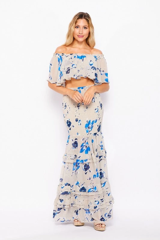 Bighit Fashion NEW ARRIVALS Taupe And Blue Floral Two Piece Crop Top And Maxi Skirt 2 Bighit Fashion NEW ARRIVALS Taupe And Blue Floral Two Piece Crop Top And Maxi Skirt