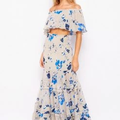 Bighit Fashion NEW ARRIVALS Taupe And Blue Floral Two Piece Crop Top And Maxi Skirt 7 Bighit Fashion NEW ARRIVALS Taupe And Blue Floral Two Piece Crop Top And Maxi Skirt