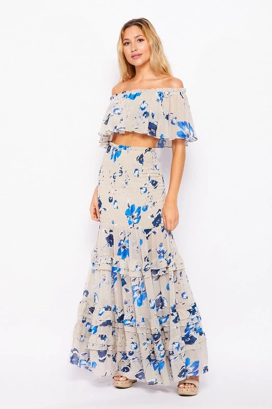 Bighit Fashion NEW ARRIVALS Taupe And Blue Floral Two Piece Crop Top And Maxi Skirt 3 Bighit Fashion NEW ARRIVALS Taupe And Blue Floral Two Piece Crop Top And Maxi Skirt