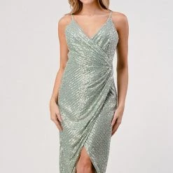 Minuet Sage Colored Sequin V Neck Elegant Dress