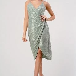 Minuet Sage Colored Sequin V Neck Elegant Dress