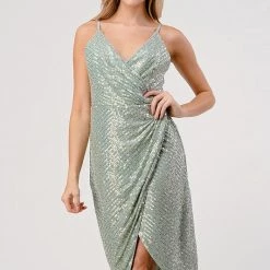 Minuet Sage Colored Sequin V Neck Elegant Dress