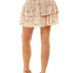 TCEC Cream And Floral Smocked Waist Ruffle Mini Skirt