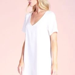 Tyche White Colored Washed Satin Crepe Short Sleeve Dress
